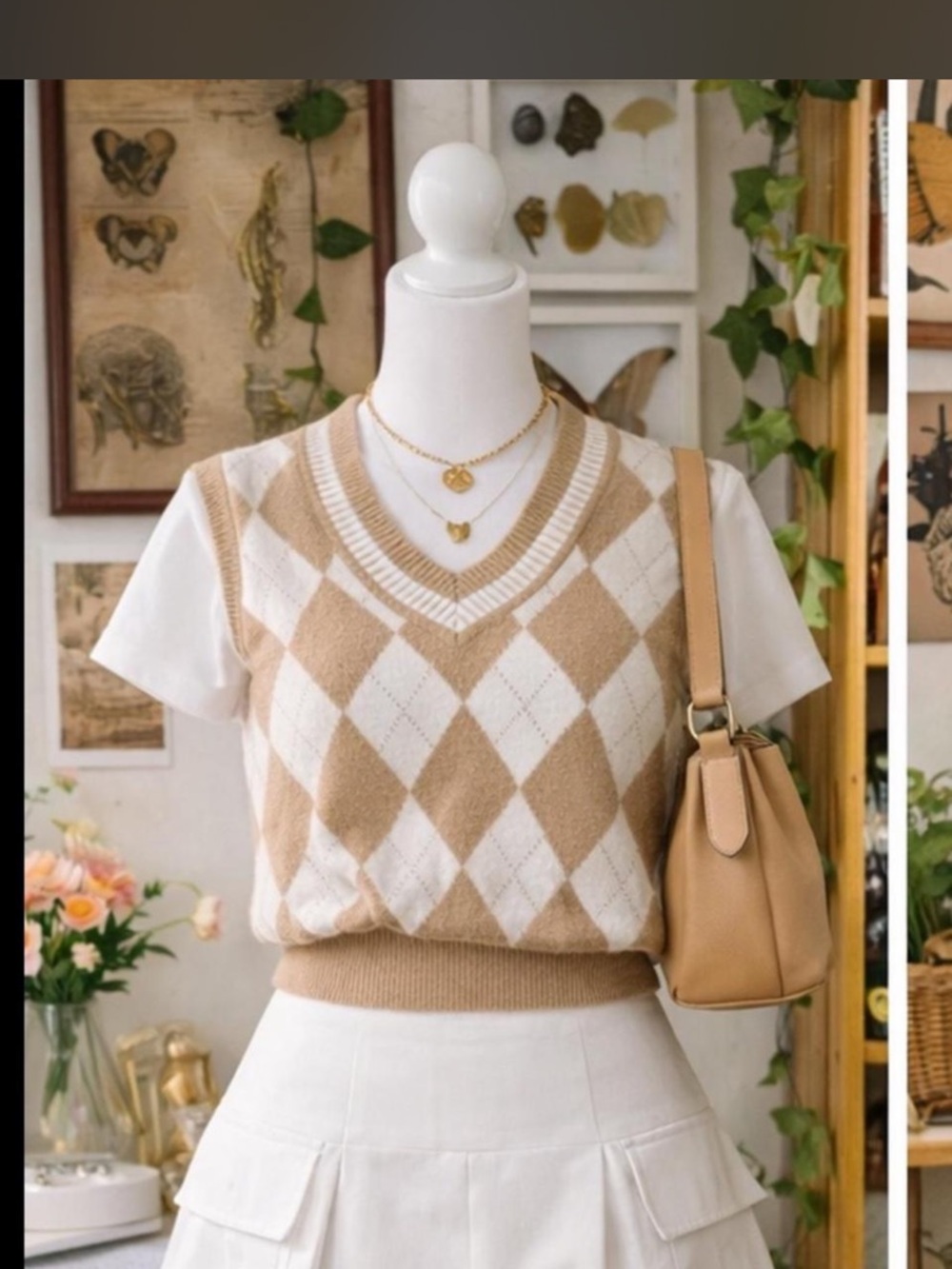 Camel & White Argyle V-Neck Sweater Vest